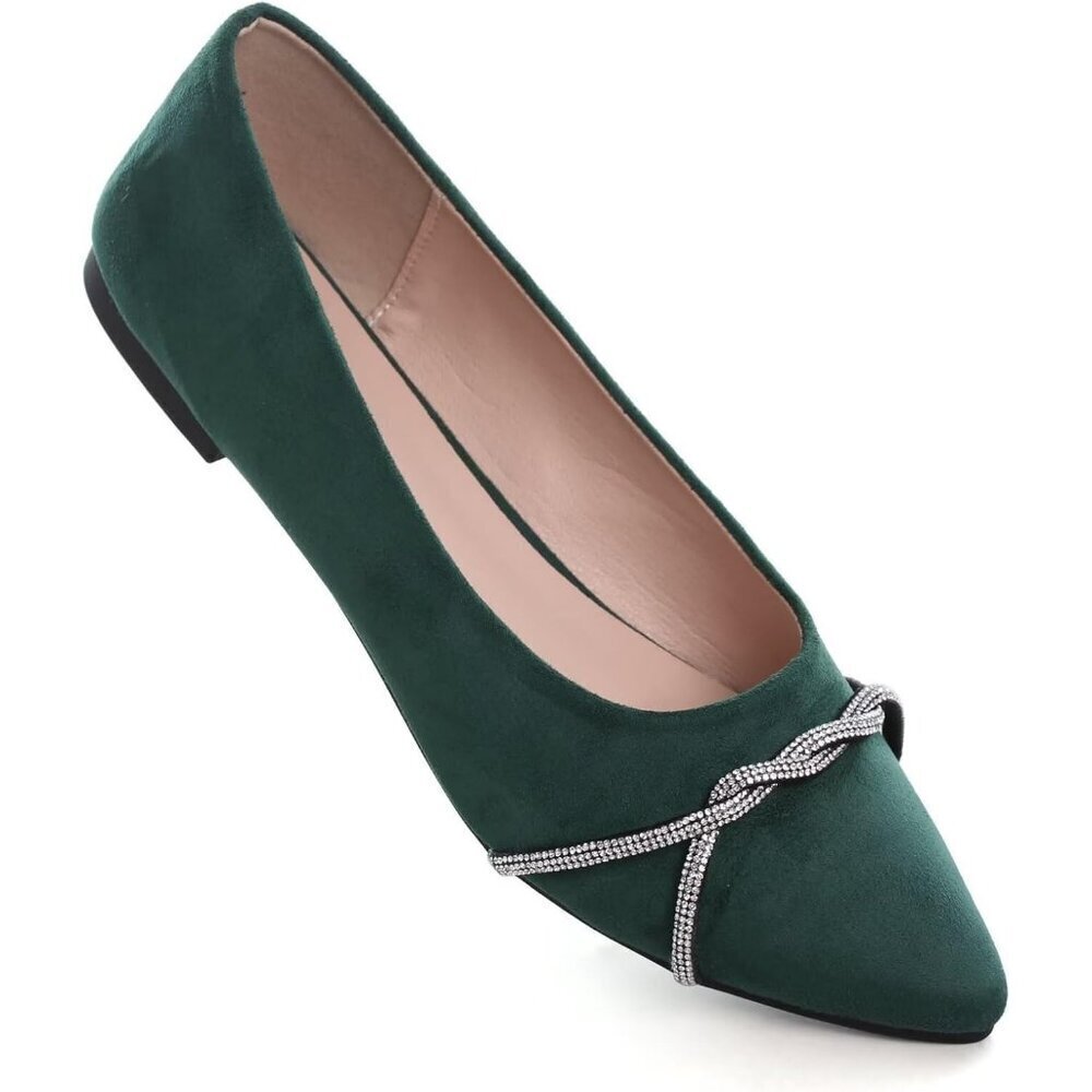 Women's Dark Green Casual Flats Fashion Chain Pointed Toe Ballet Flat Rhinestone - Picture 7 of 7